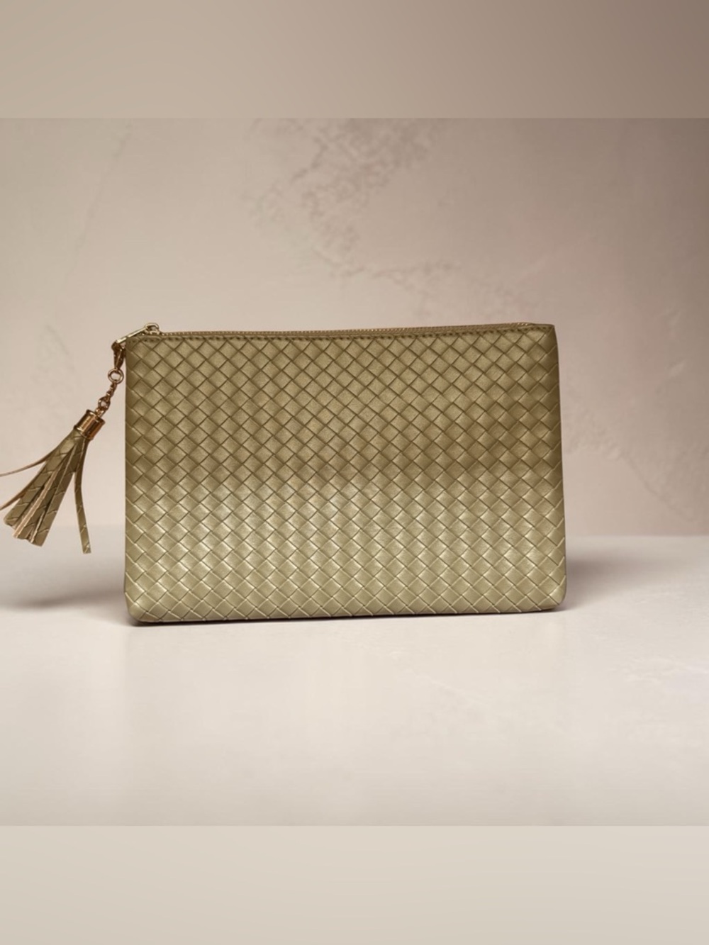 Woven Metallic Gold Clutch with Tassel